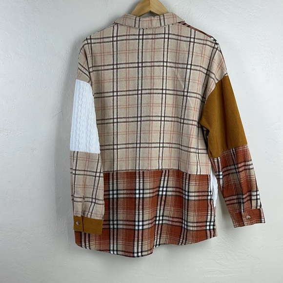 Women’s Flannel Long Sleeve Plaid Color Block Patchwork Shirt Jacket with Pocket - Picture 4 of 8